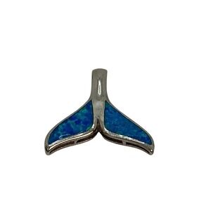 Silver Whale Tail Pendant Blue Opal Inlay Ocean Charm Jewelry Sterling Silver